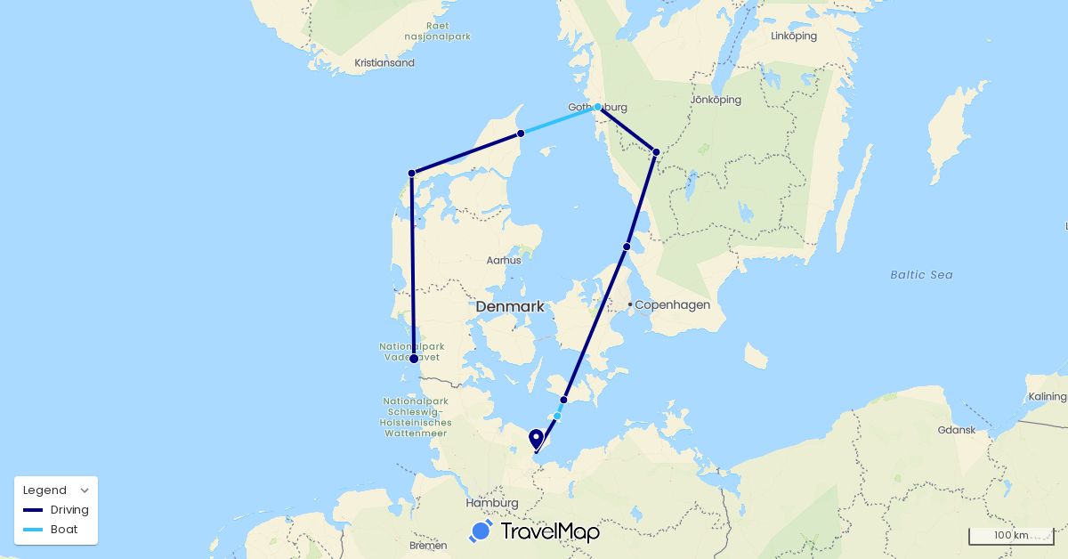 TravelMap itinerary: driving, boat in Germany, Denmark, Sweden (Europe)